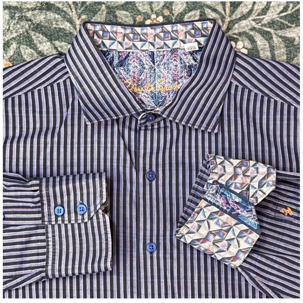 Robert Graham 3XL Blue Purple Stripe Contrast Cuff Logo Button Down Shirt - Picture 2 of 6